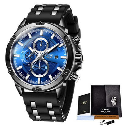 LIGE Herren Luxus Mode Silikon Wasserdichte Quarz Gold Uhr Sport Chronograph Montre Homme