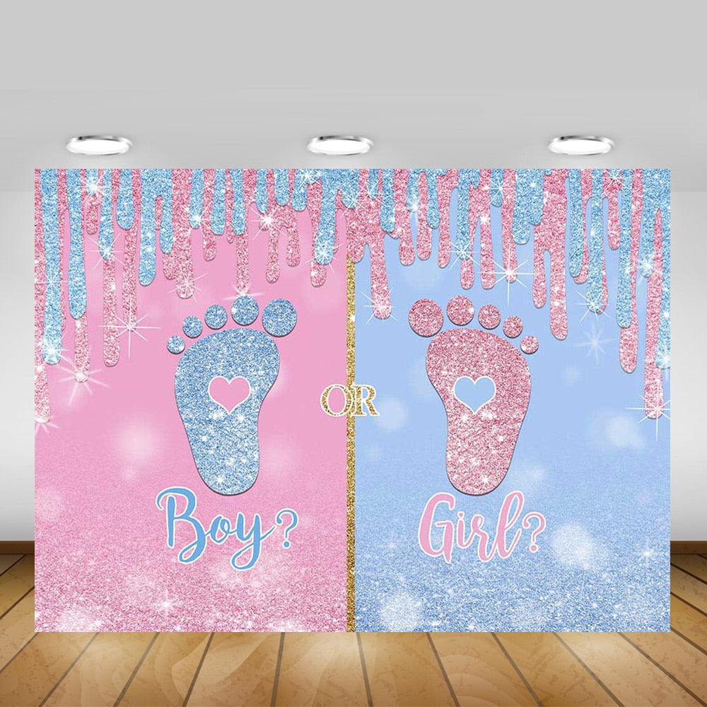 Verzauberter kleine Füße Gender Reveal Party Hintergrund: Boy or Girl Motiv, Baby Shower Fotohintergrund mit glitzerndem Pink oder Blau, Fotowand, Enthüllungsparty Junge oder Mädchen