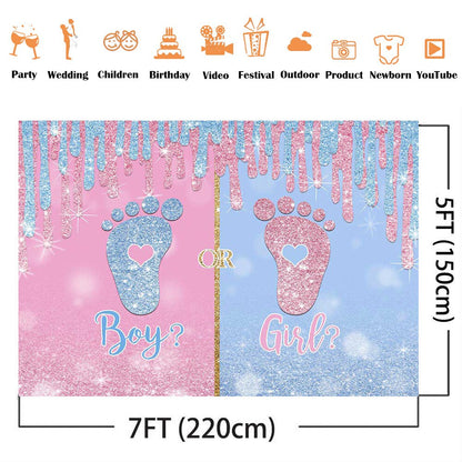 Verzauberter kleine Füße Gender Reveal Party Hintergrund: Boy or Girl Motiv, Baby Shower Fotohintergrund mit glitzerndem Pink oder Blau, Fotowand, Enthüllungsparty Junge oder Mädchen