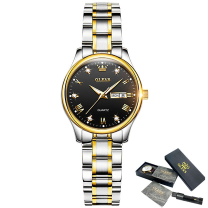 OLEVS Damen Uhren Luxusmarken Mode Strass Edelstahl Dual Calendar Quarz Armbanduhren 5563 Reloj Mujer