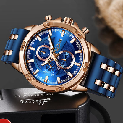 LIGE Herren Luxus Mode Silikon Wasserdichte Quarz Gold Uhr Sport Chronograph Montre Homme