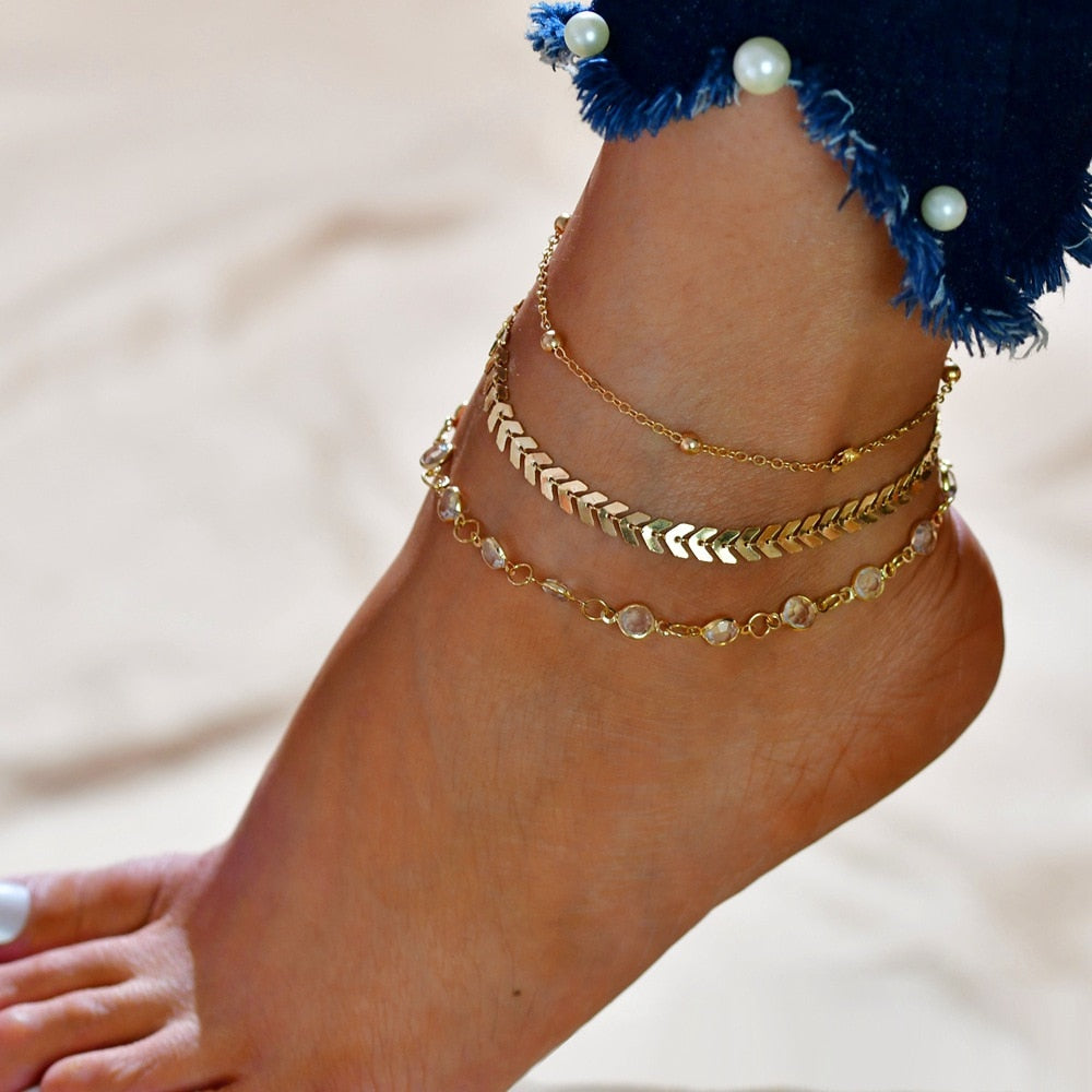 4-teiliges Set Bohemia Muschelketten-Fußkettchen für Frauen mit Pailletten, Knöchelarmband am Bein, trendiger Sommer-Strandschmuck Geschenk