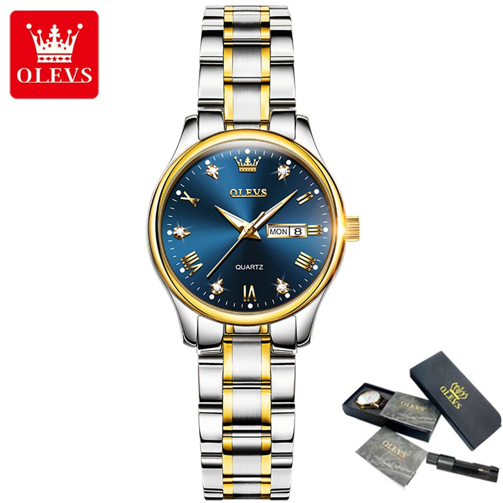 OLEVS Damen Uhren Luxusmarken Mode Strass Edelstahl Dual Calendar Quarz Armbanduhren 5563 Reloj Mujer