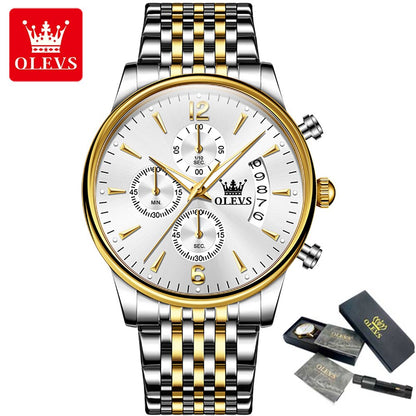OLEVS Herren Quarzuhr Wasserdichter Chronograph Leuchtende Armbanduhr Solides Edelstahl Business Armbanduhr Luxus