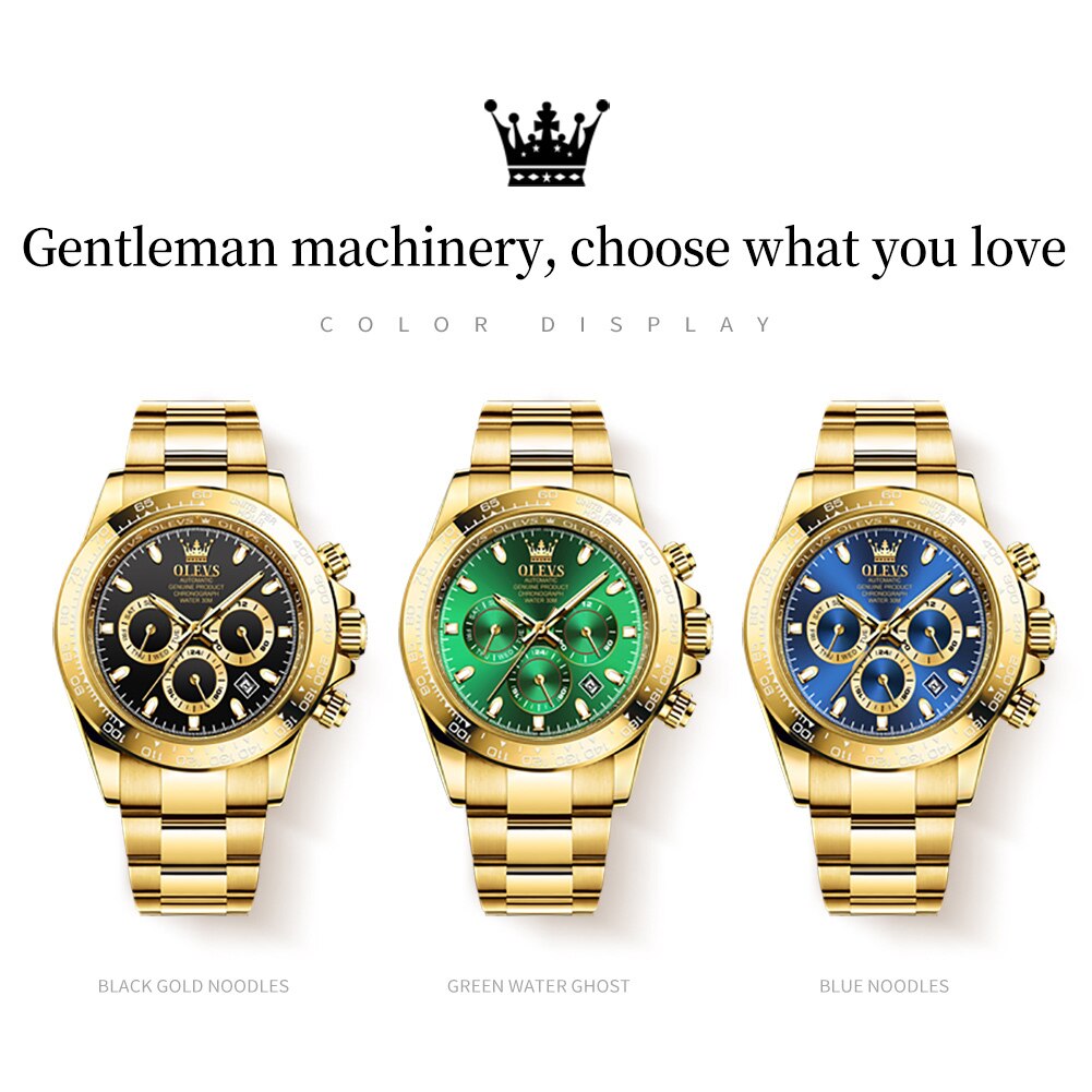 TAXAU Luxus Herrenuhr, Wasserdicht, mechanisch, automatisch, Chronograph, blaues Zifferblatt, Business Armbanduhr aus goldfarbenem Edelstahl