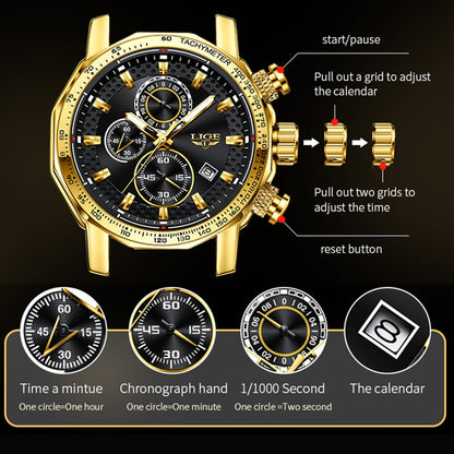 LIGE Herrenuhren Top-Marke Große Sportuhr Luxus Herren Militär Stahl Quarz Armbanduhr Chronograph Gold Design Männliche Uhr