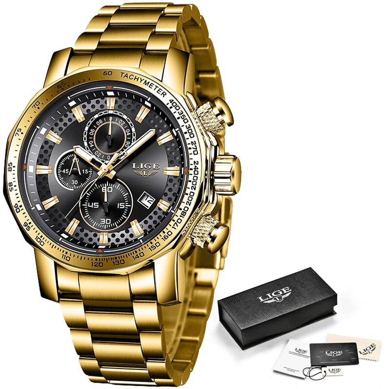 LIGE Herrenuhren Top-Marke Große Sportuhr Luxus Herren Militär Stahl Quarz Armbanduhr Chronograph Gold Design Männliche Uhr