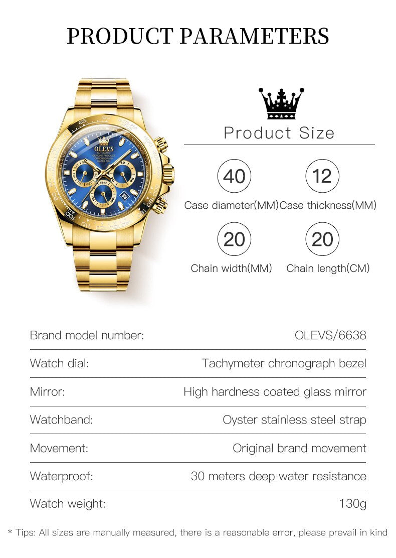 TAXAU Luxus Herrenuhr, Wasserdicht, mechanisch, automatisch, Chronograph, blaues Zifferblatt, Business Armbanduhr aus goldfarbenem Edelstahl