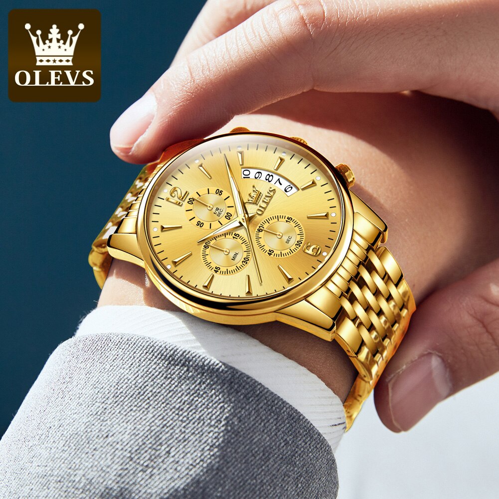 OLEVS Herren Quarzuhr Wasserdichter Chronograph Leuchtende Armbanduhr Solides Edelstahl Business Armbanduhr Luxus
